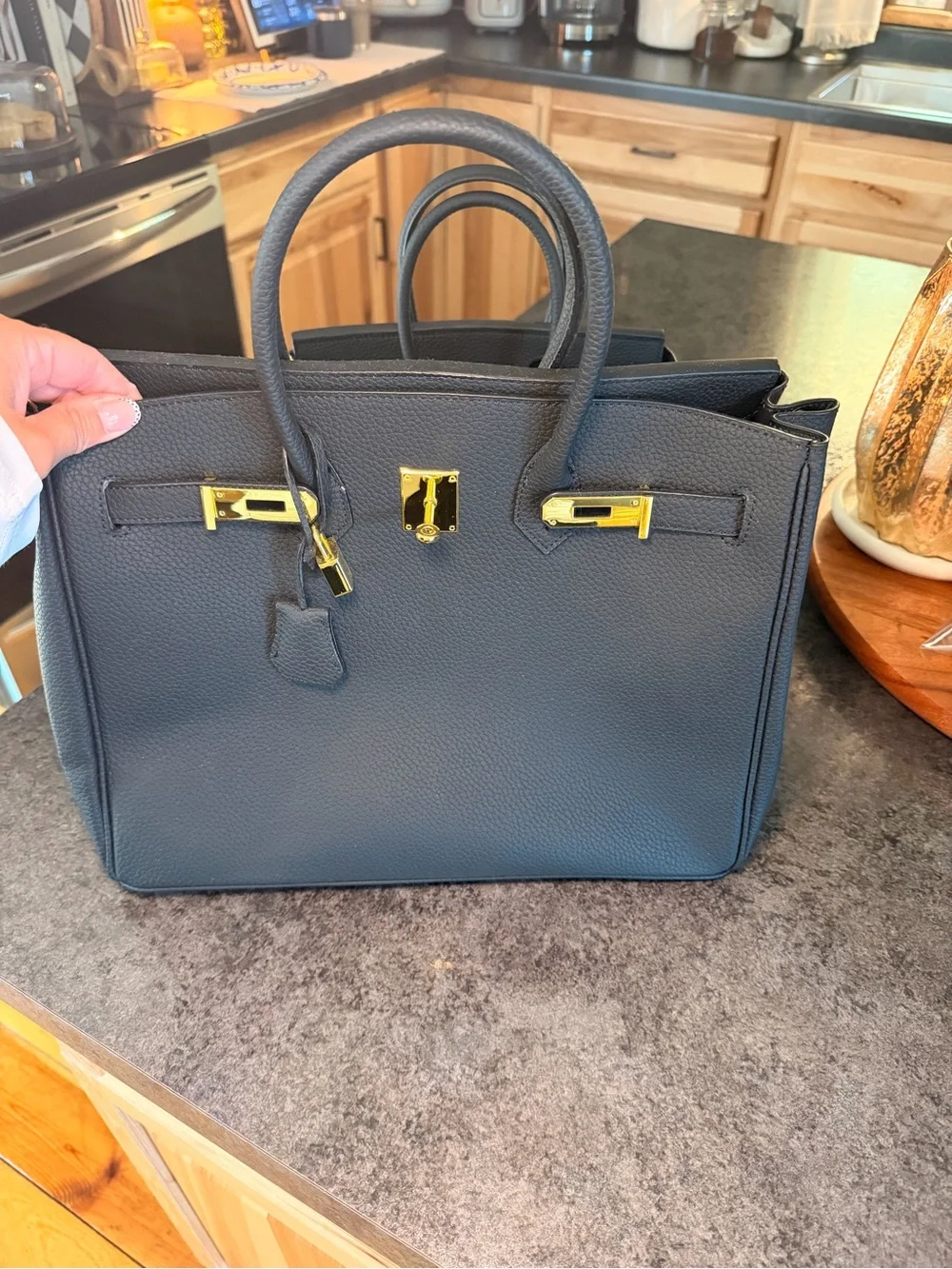 Black Leather Satchel Handbag with Gold Hardware